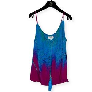 Rococo Sand Blue and Red Ombre Tie Dye Tassel Tank Top XS